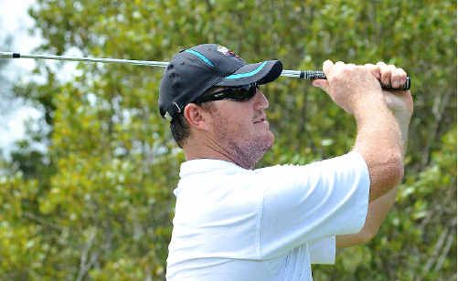 ‘Danny-boy’ Broderick takes a big swing at the Elly Stig Memorial Golf Day. ‘Danny-boy’ Broderick takes a big swing at the Elly Stig Memorial Golf Day.